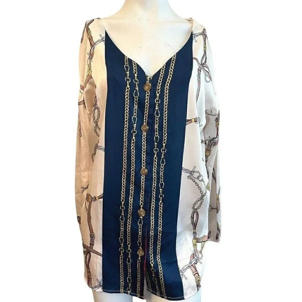 Suzanne Betro Women's Medium Blouse Chain and Belt Print Button Down Tunic NWT